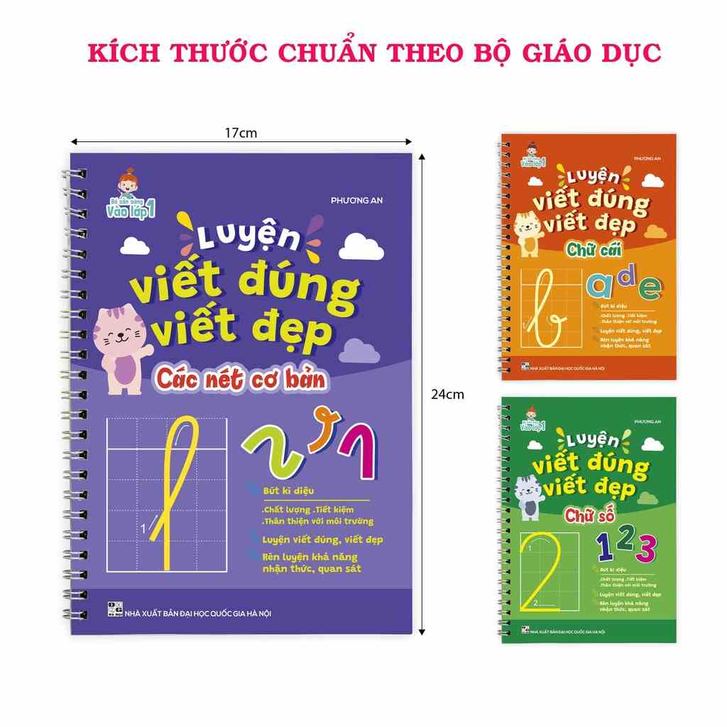 Sách - Bộ 3 Quyển Luyện Viết Thần Kỳ Tự Xóa Chữ Đẹp - Số Đẹp - Nét Cơ Bản - Tặng Bút Mực