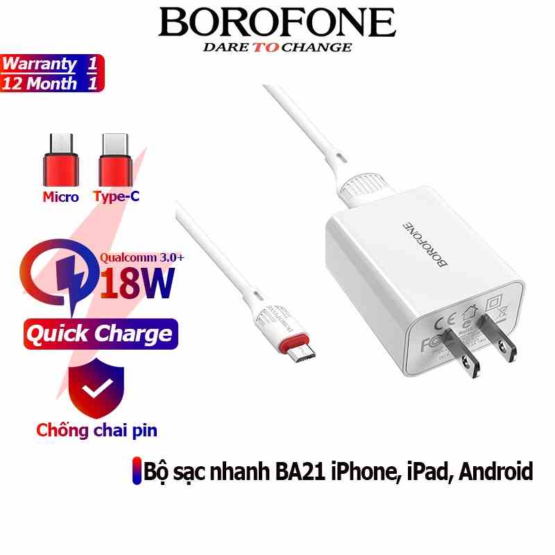 Bộ sạc nhanh 18W - QC 3.0 BOROFONE BA21 đầu Micro, Type-C dùng cho Android, cổng USB, dây cáp dài 1m - Chính hãng