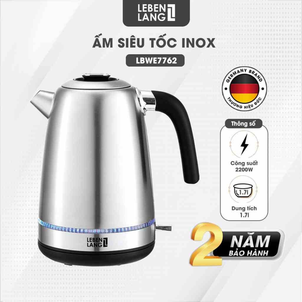 Ấm đun siêu tốc LEBENLANG LBE2662 bằng inox, điều khiển nhiệt độ, bảo hành đổi mới trong 2 năm