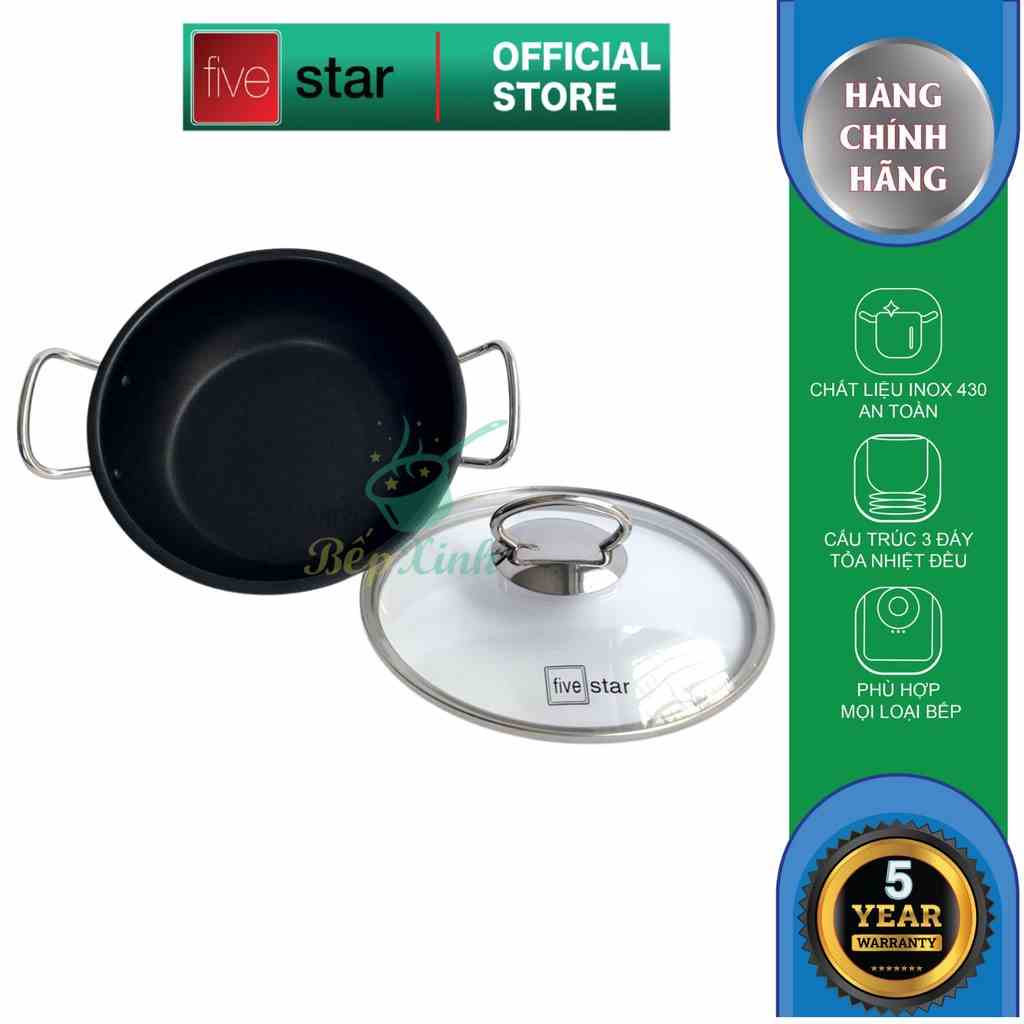 Nồi inox chống dính Fivestar nắp kính inox 430 dùng kho cá , chiên , xào , tặng 1 vá canh ( 18cm / 20cm / 22cm )