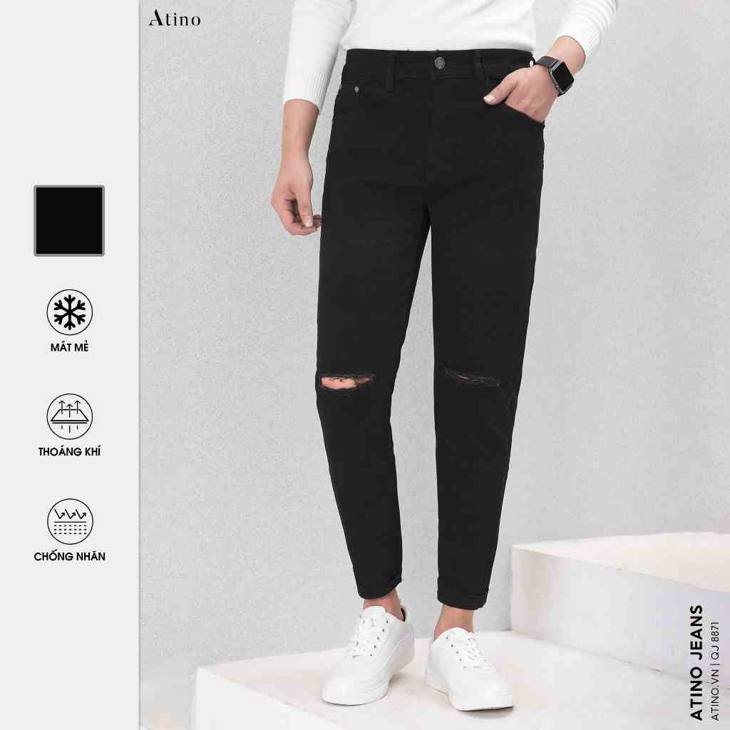 Quần Jean Nam Đen Rách Gối ATINO Chất Liệu Jean Pha Spandex Form Regular-Fit QJ8871