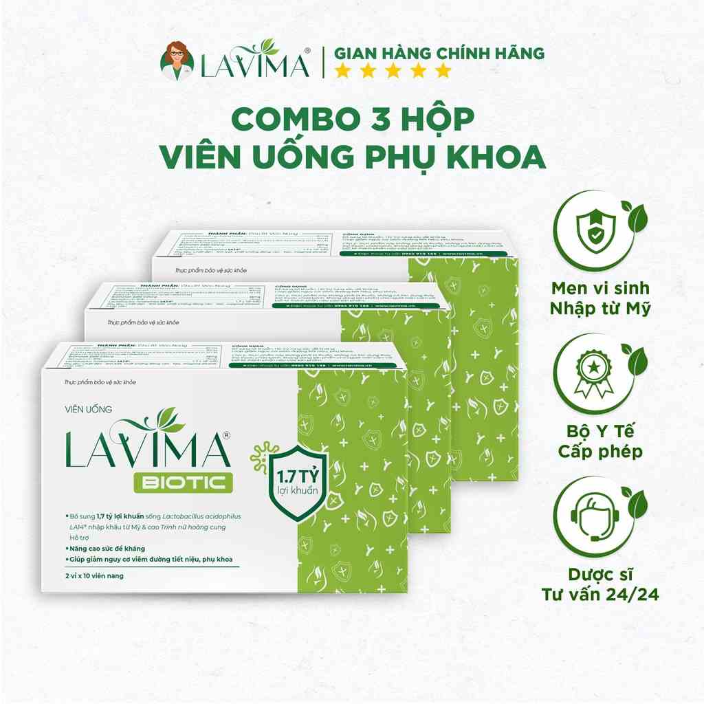 Combo 3 Hộp Viên Uống Phụ Khoa, Men Vi Sinh Vùng Kín LAVIMA BIOTIC 20 Viên, Giảm Khí Hư, Ngứa Rát, Ngăn Ngừa Tái Phát