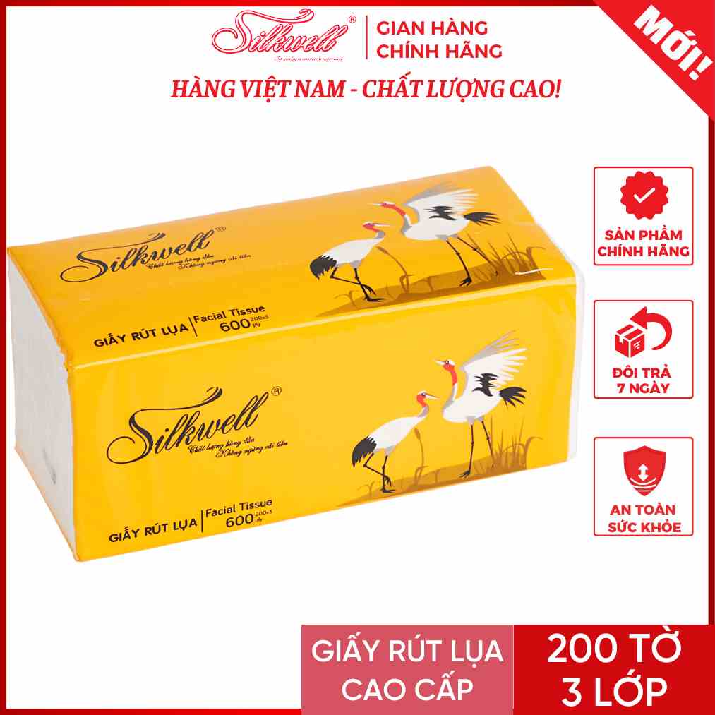 Giấy ăn rút lụa Silkwell Sếu Cao cấp 200 tờ 3 lớp chính hãng siêu mềm mịn không tẩy trắng