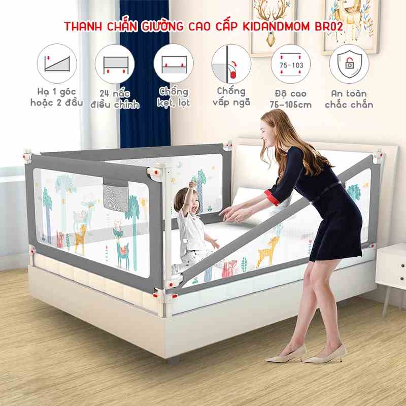 Thanh chắn giường KidAndMom BR02 phong cách Hàn Quốc cao cấp, độ cao 75-105cm (Giá bán 1 thanh)