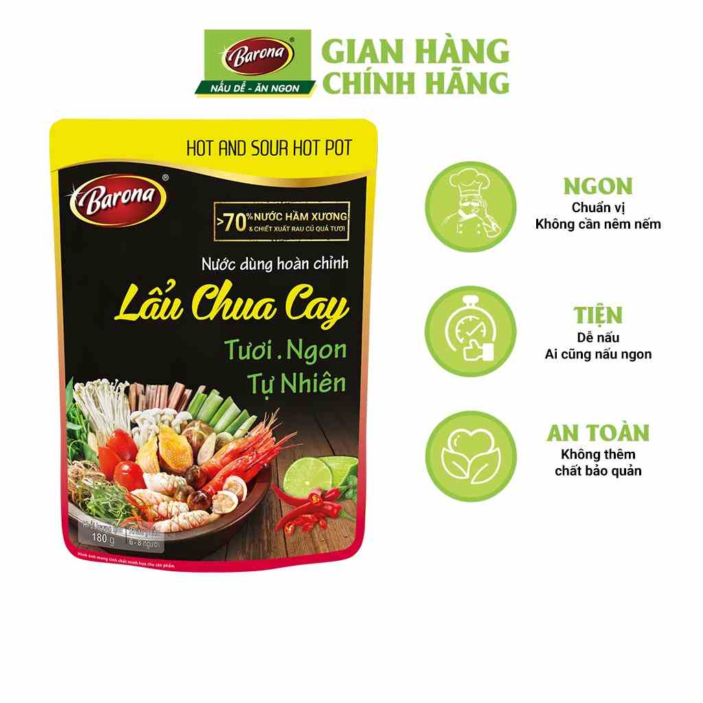 Nước Dùng Lẩu Chua Cay Barona 180g tươi ngon chuẩn vị không cần nêm nếm