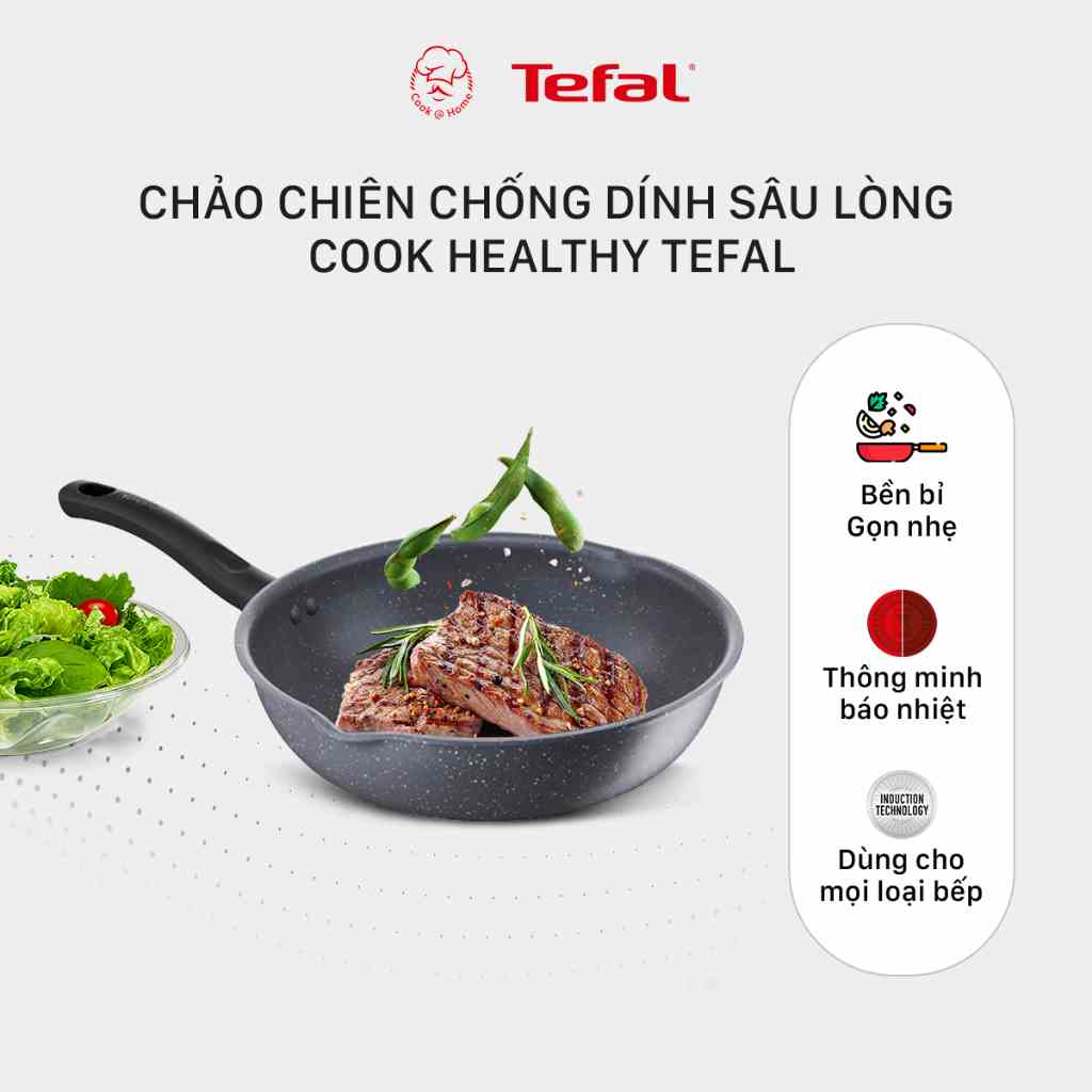 Chảo chống dính vân đá sâu lòng Tefal Cook Healthy dùng bếp từ 24cm/ 26cm/ 28cm - Bảo hành 2 năm