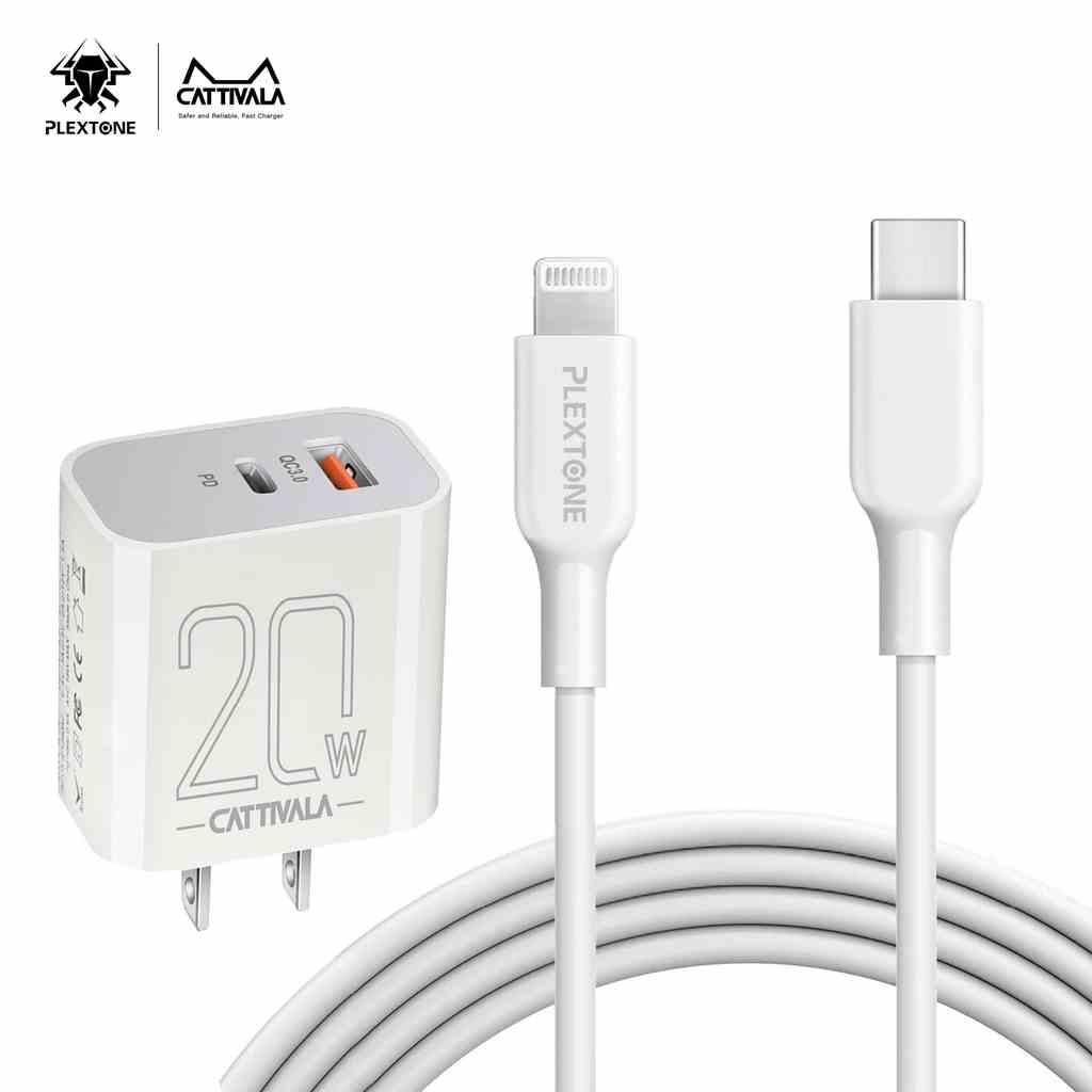 Bộ sạc nhanh PD Plextone CATTIVALA C20 20W 2 cổng USB-C dành cho iPhone 13/12 Pro Max/AirPods Max/iPad/Samsung