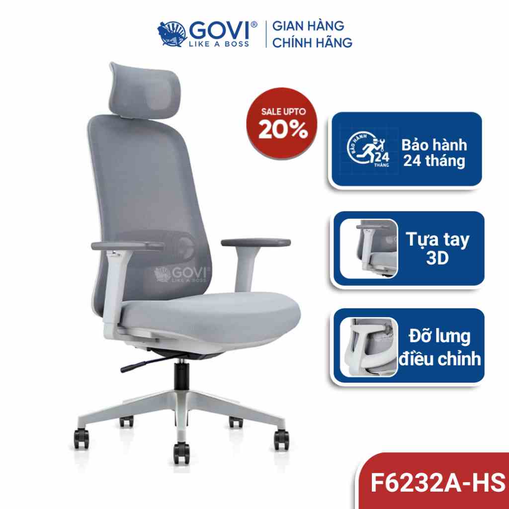 Ghế công thái học Ergonomic GOVI Felix 6232A - Tựa đầu điều chỉnh độ cao, tựa tay 3D nâng hạ, mâm ghế ngả 135 độ