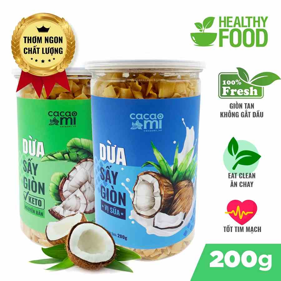 Dừa sấy giòn cao cấp CACAOMI ăn vặt healthy, Eat Clean, đặc sản Việt Nam làm quà biếu tặng 200g