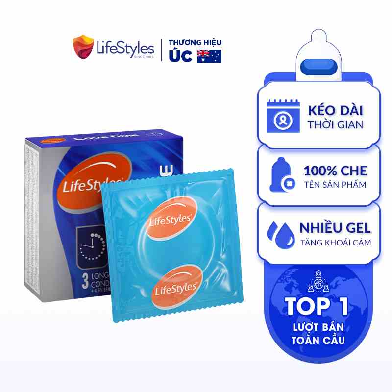 Bao Cao Su Kéo Dài Thời Gian Thiết Kế Mỏng Nhẹ LifeStyles Love Time Ôm Sát 100% Không Rách Bao - Hộp 3 bao