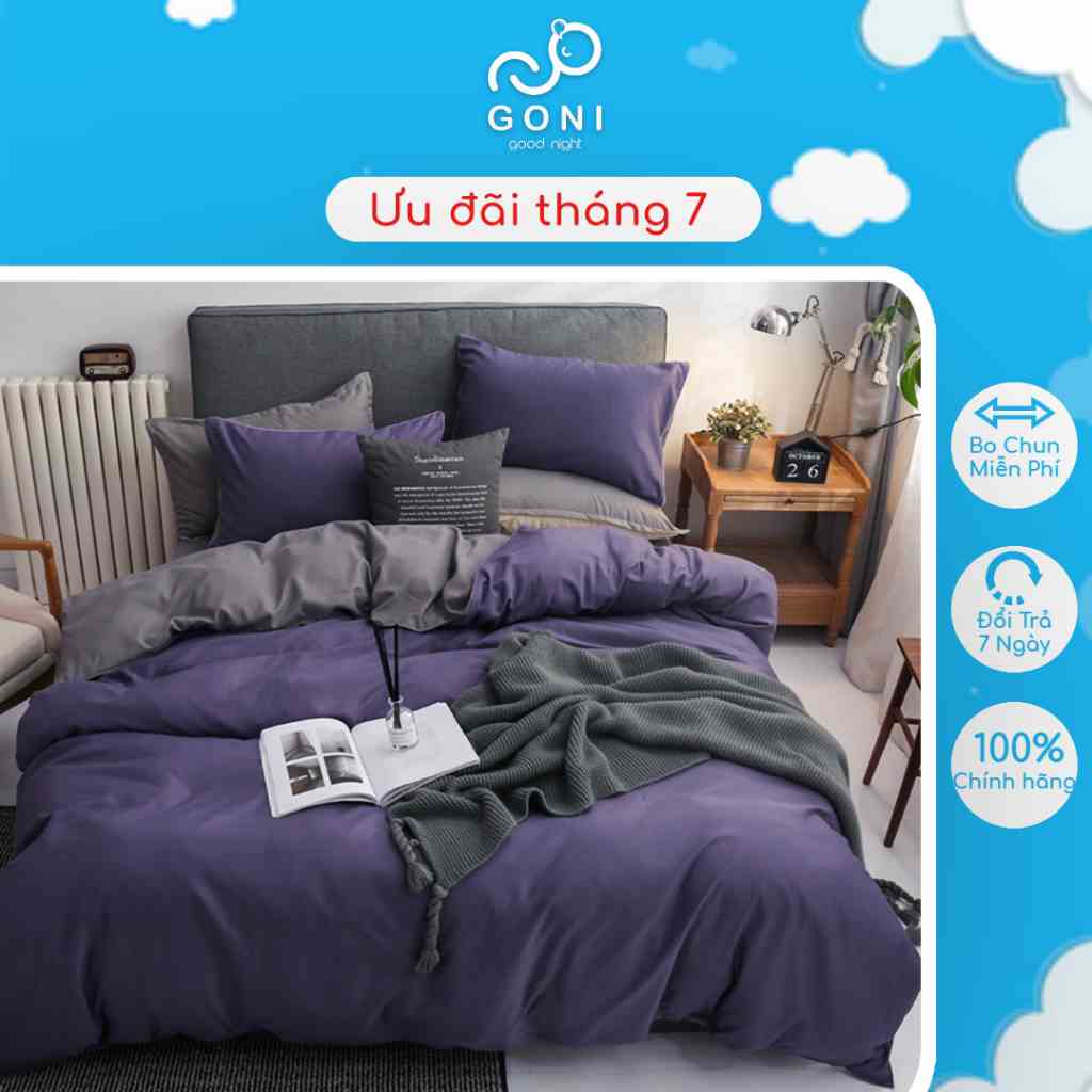 Bộ Chăn Ga Gối Cotton Tici GONI Drap Giường Phối Màu Tím Xám Đủ Kích Thước Trải Nệm Không Kèm Ruột