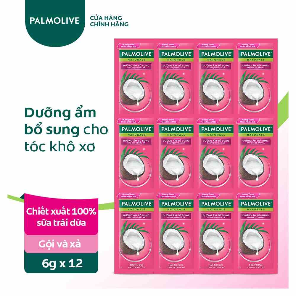 Bộ 12 gói dầu gội kèm dầu xả Palmolive Dưỡng Ẩm bổ sung từ sữa dừa & protein 6g