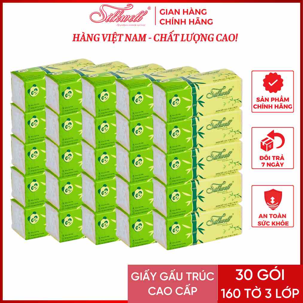 Combo 30 Giấy ăn gấu trúc Silkwell 160 tờ 3 lớp siêu dai không tẩy trắng hàng chính hãng