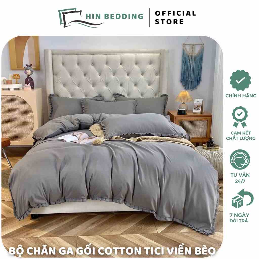 Bộ Chăn Ga Cotton Tici Phối Bèo HIN BEDDING, Chăn Ga Nhập Khẩu Đủ Màu Đủ Size Miễn Phí Bo Chun