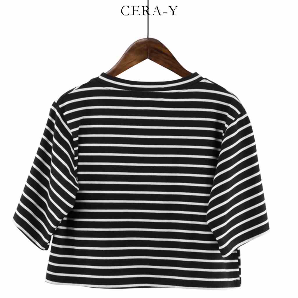 Áo thun croptop CERA-Y form rộng tay ngắn sọc trắng / đen CRA044