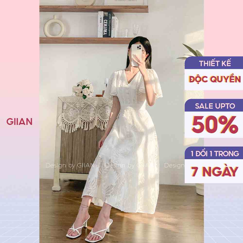 Đầm dự tiệc dáng dài cổ V sang trọng trắng xòe tay cánh tiên phối cúc thanh lịch chính hãng Giian - GV2261