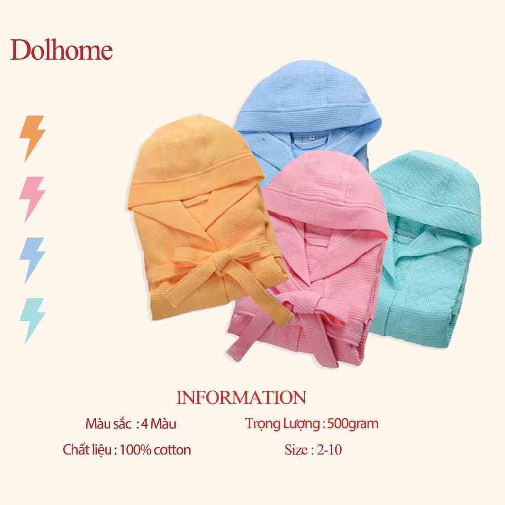 Áo choàng tắm trẻ em Dolhome 100% cotton vải tổ ong thấm hút dành cho trẻ từ 2-8 tuổi an toàn cho da bé