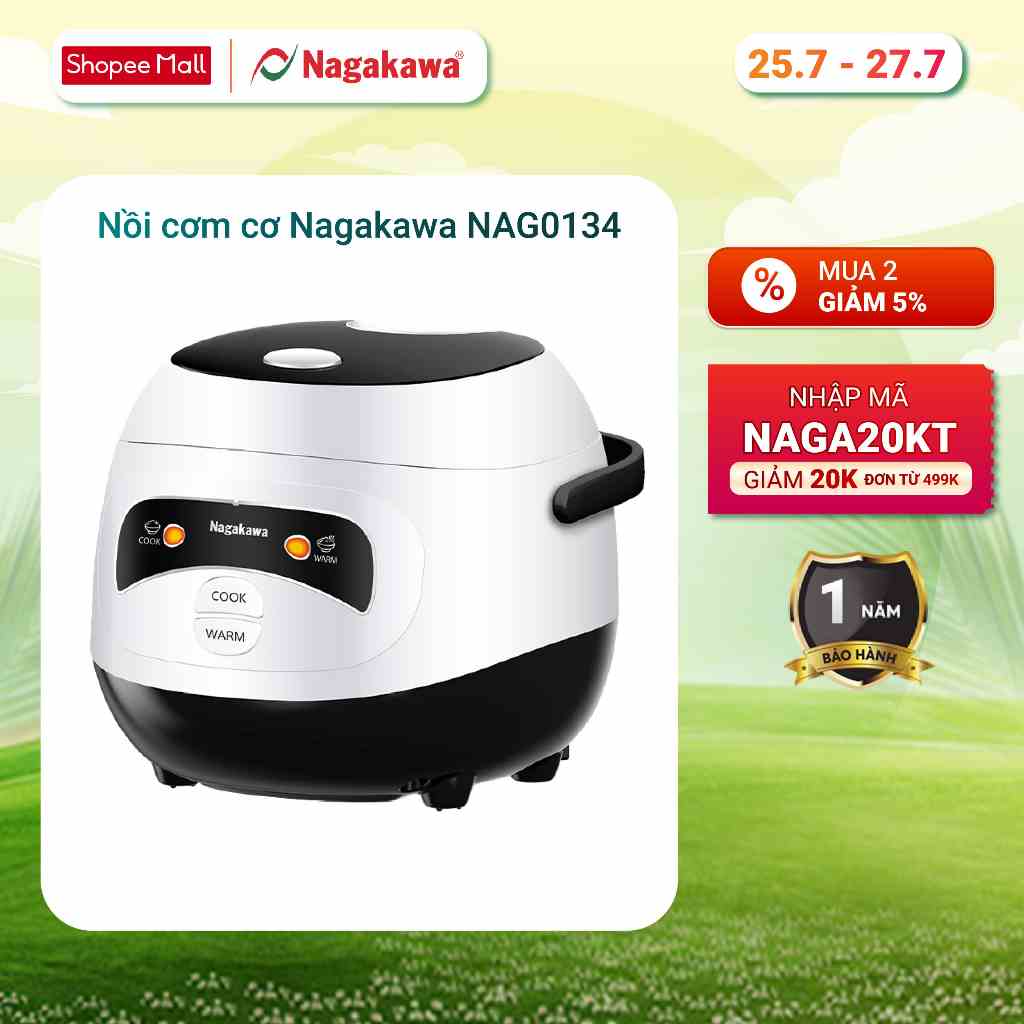 Nồi cơm điện 1L Nagakawa NAG0134 (400W) - Lòng nồi dạng niêu chống dính - Bảo hành 12 tháng - Màu sắc: Đen Trắng