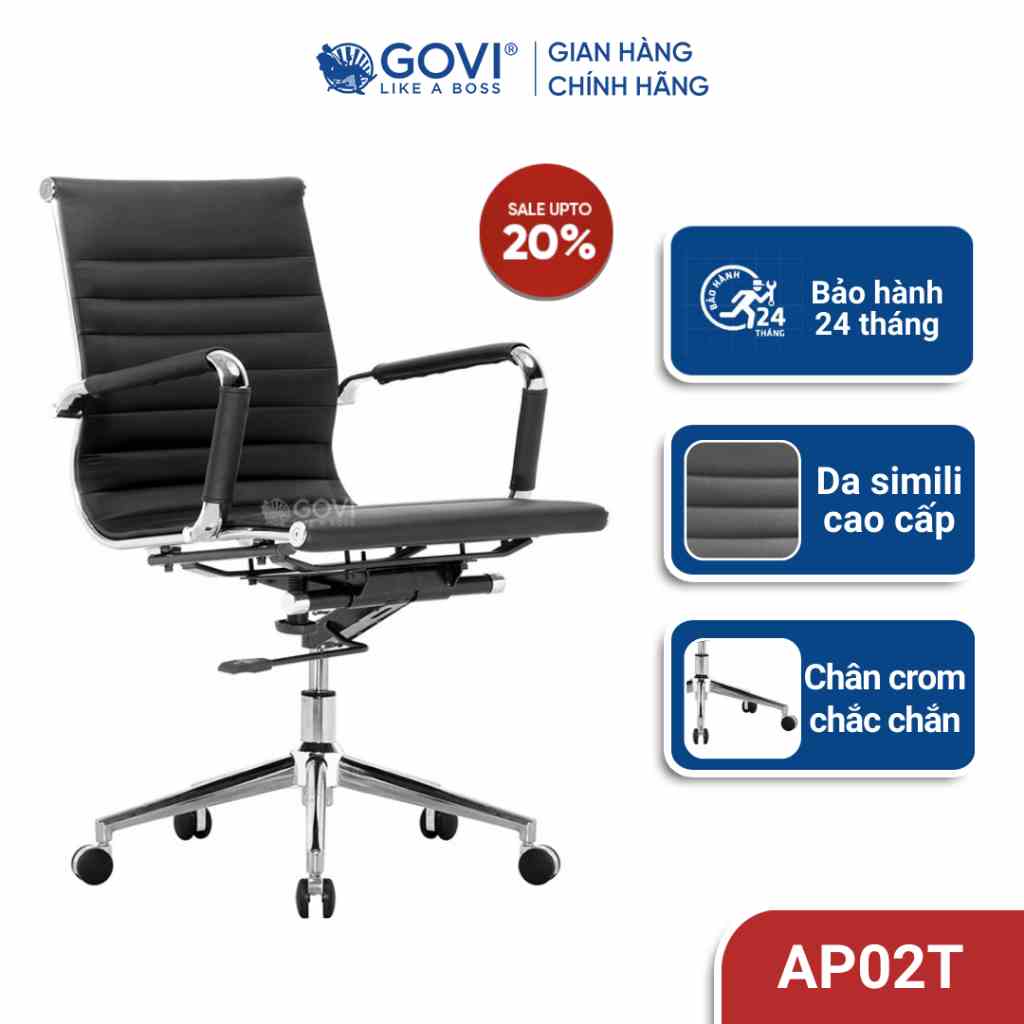 Ghế xoay văn phòng GOVI Apollo AP02T Da simili lưng thấp - Điều chỉnh chiều cao 90-99cm, ngả lưng ghế lên đến 45 độ