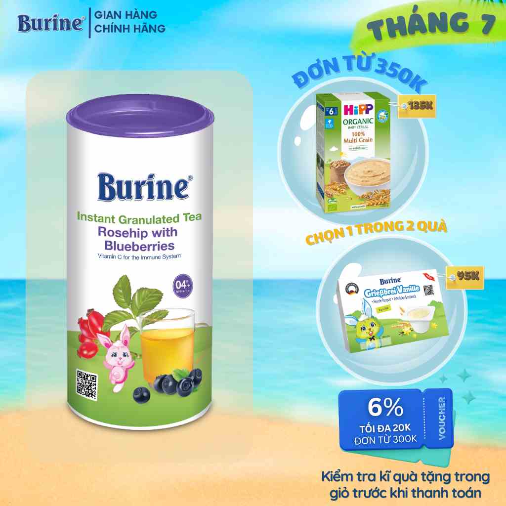 Trà Hoa Quả Hòa Tan BURINE Vị Tầm Xuân - Việt Quất Thơm Ngon, Bổ Sung Vitamin C Cho Bé Từ 4 Tháng Tuổi (200g)