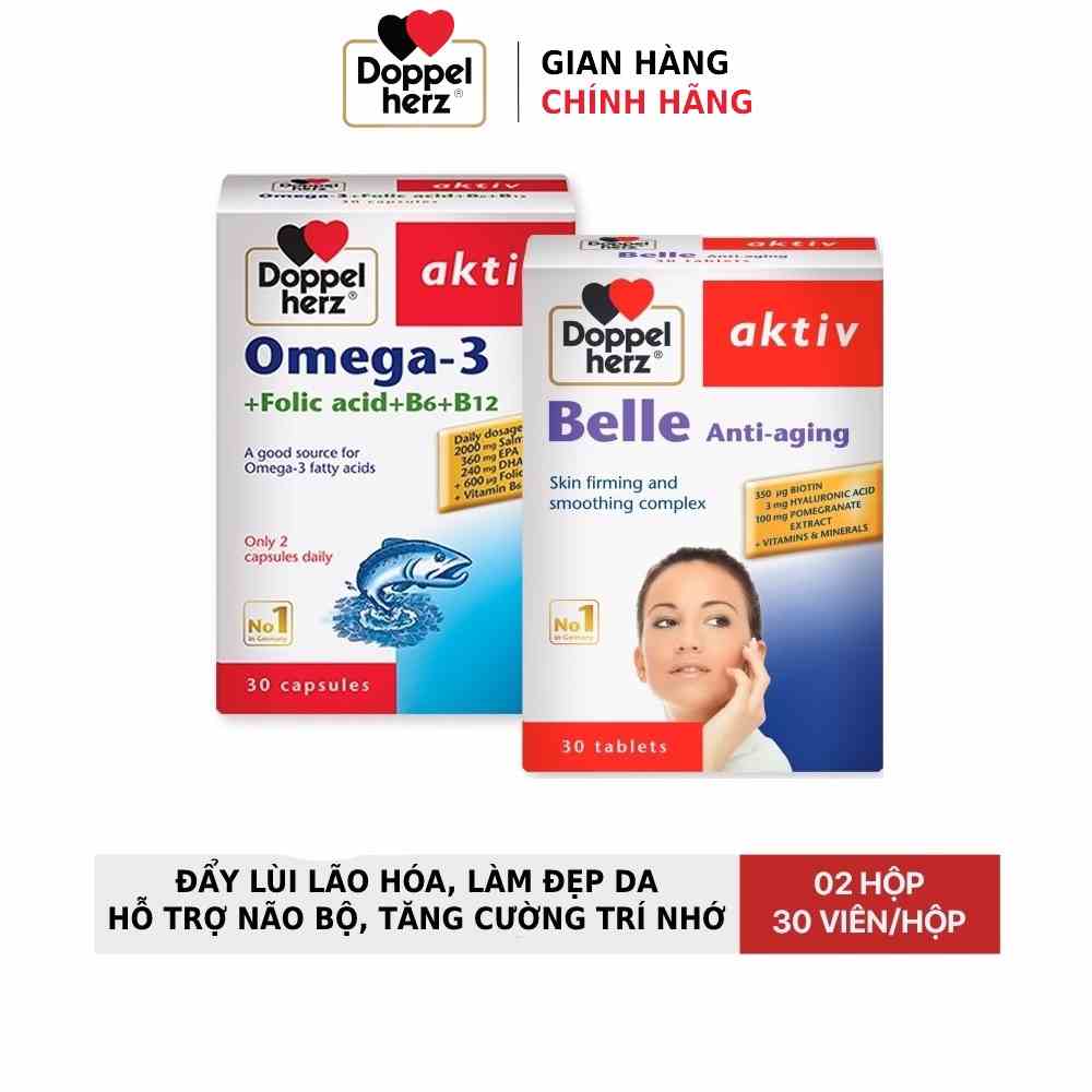 Bộ đôi chống lão hóa, bổ não, tăng cường trí nhớ Doppelherz Belle Anti Aging + Doppelherz Omega 3 (02 hộp 30 viên)