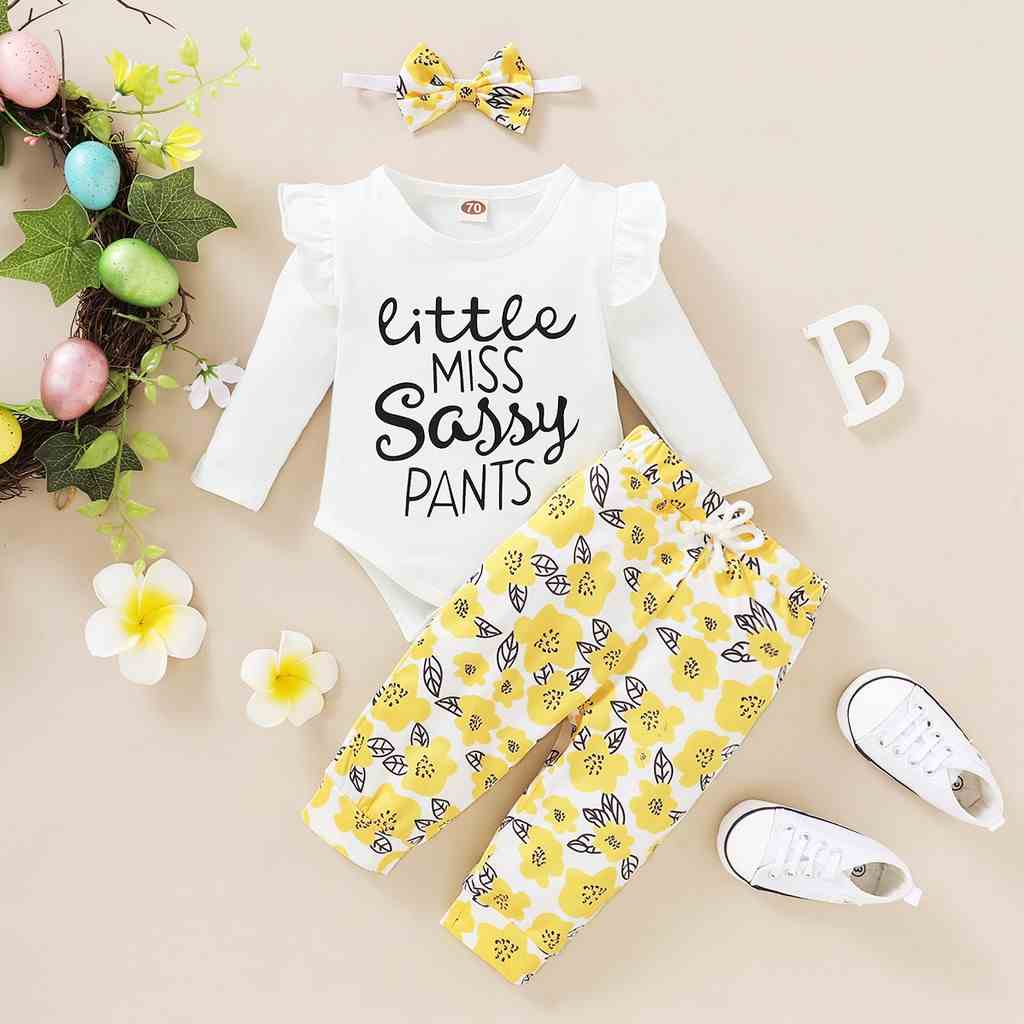 Bộ trang phục 3 món MIKRDOO áo liền thân cotton tay dài in chữ cái quần in hoa và băng đô mùa thu cho bé gái sơ sinh