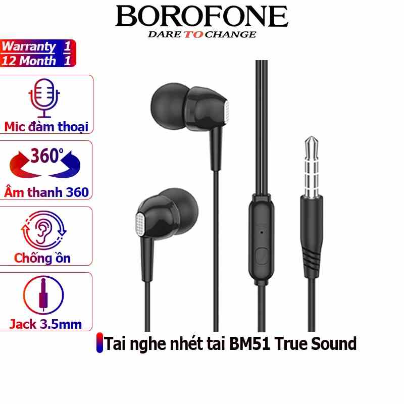 Tai nghe nhét tai BOROFONE BM51 chống ồn, nghe hay, có mic đàm thoại, dây dài 1.2m - Chính hãng