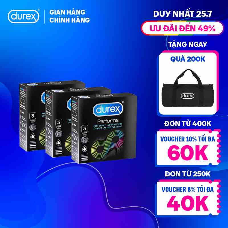 Bộ 3 hộp bao cao su Durex Performa kéo dài thời gian, size 52mm, 3 bao/hộp