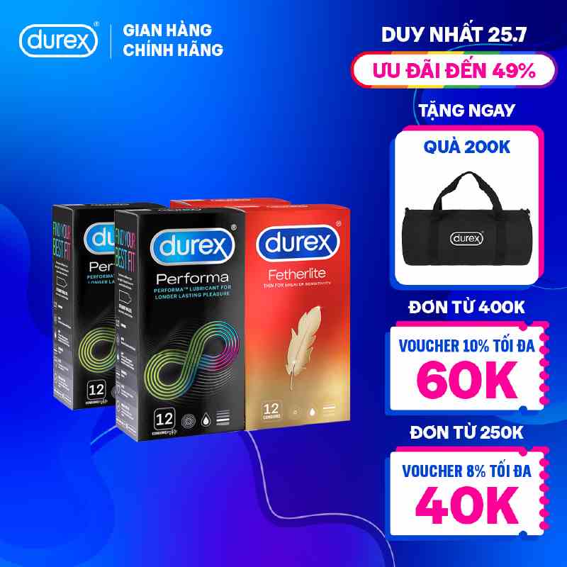 Bộ 2 hộp bao cao su Durex Performa kéo dài thời gian size 52mm và 2 Durex Fetherlite siêu mỏng size 52.5mm, hộp 12 bao