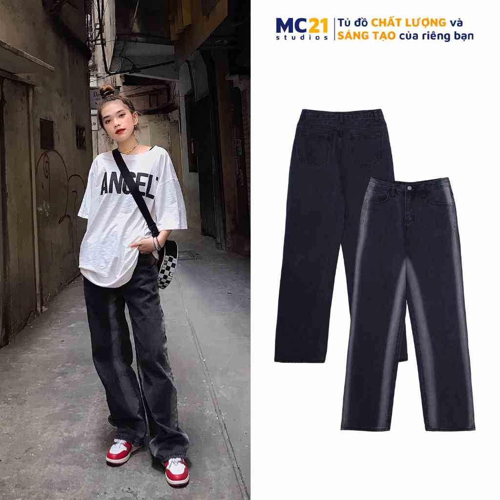 Quần jeans ống rộng dáng suông lưng cạp cao MINION CLOTHING phong cách Ulzzang Streetwear jean đen loang Hàn Quốc QV88