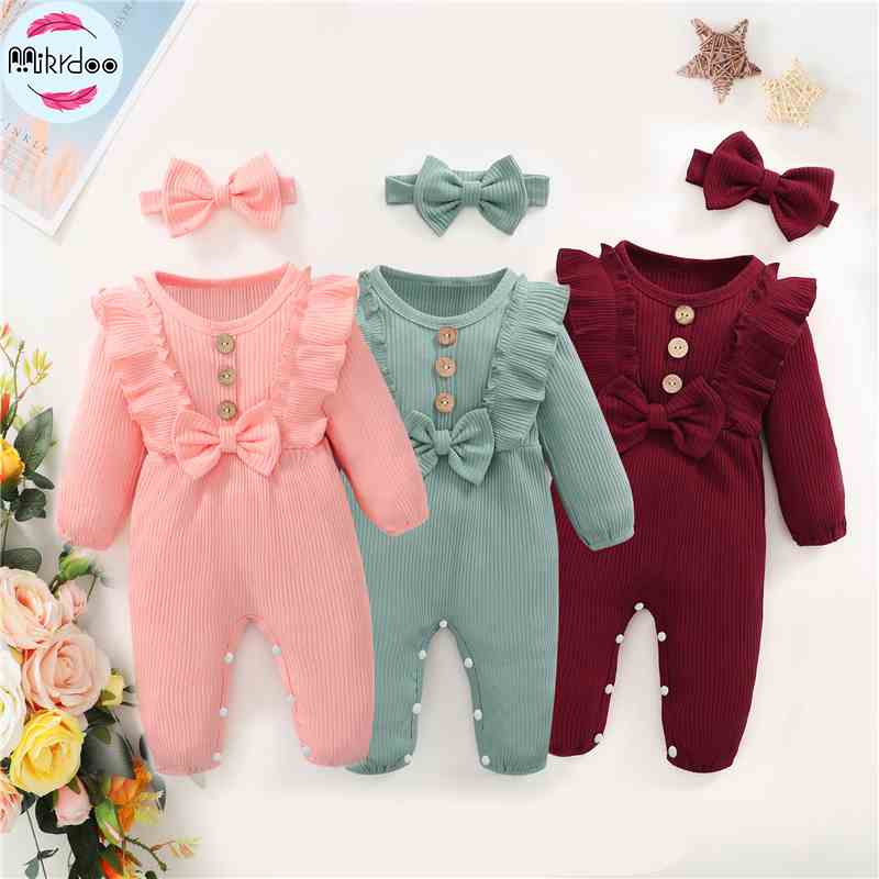 Set áo liền quần MIKRDOO cotton tay dài và băng đô đính nơ thời trang xinh xắn dành cho bé 0-18 tháng tuổi