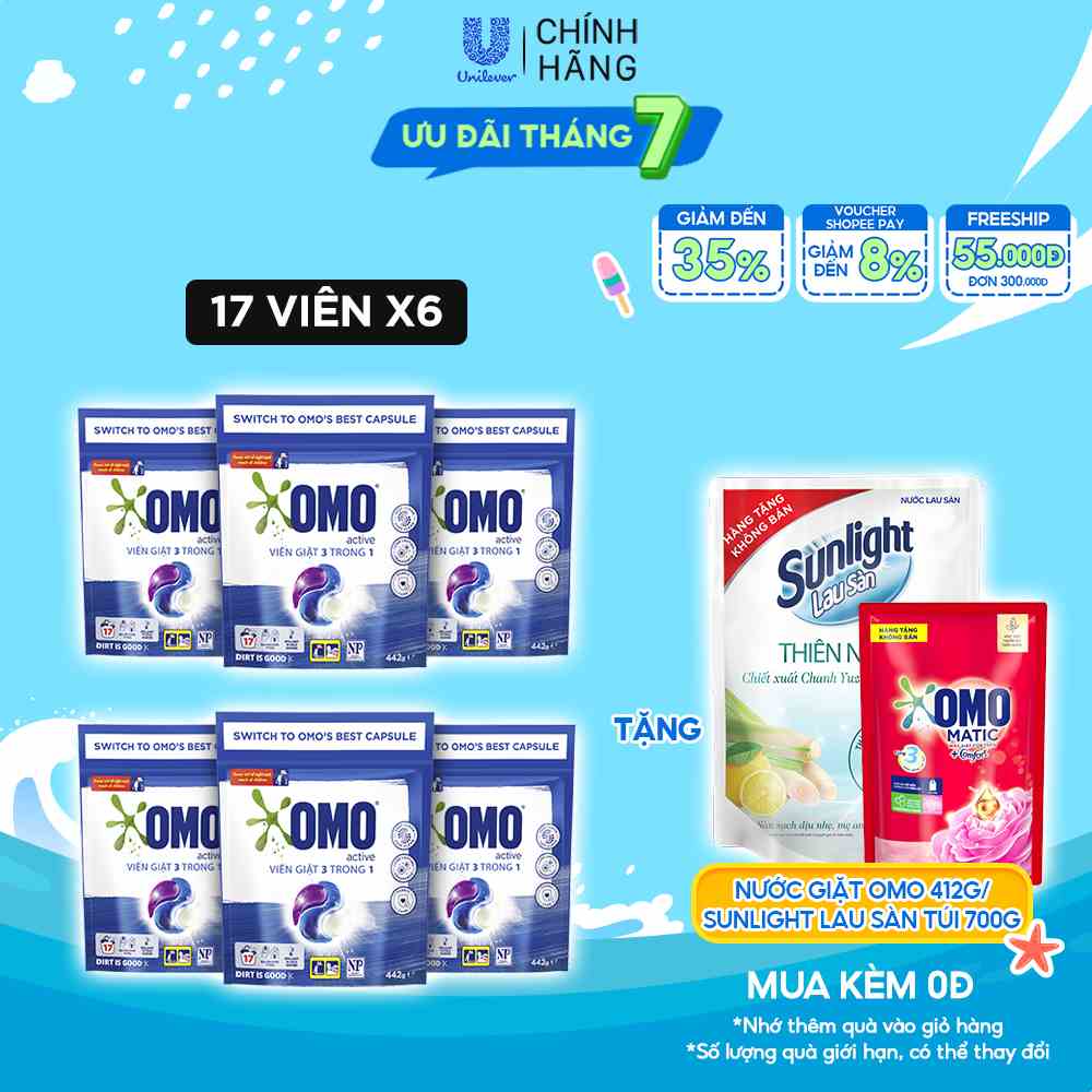 Combo 6 Túi Viên Giặt Tiện Lợi OMO Công Nghệ Anh Quốc - Bền Màu (17 Viên/Túi)