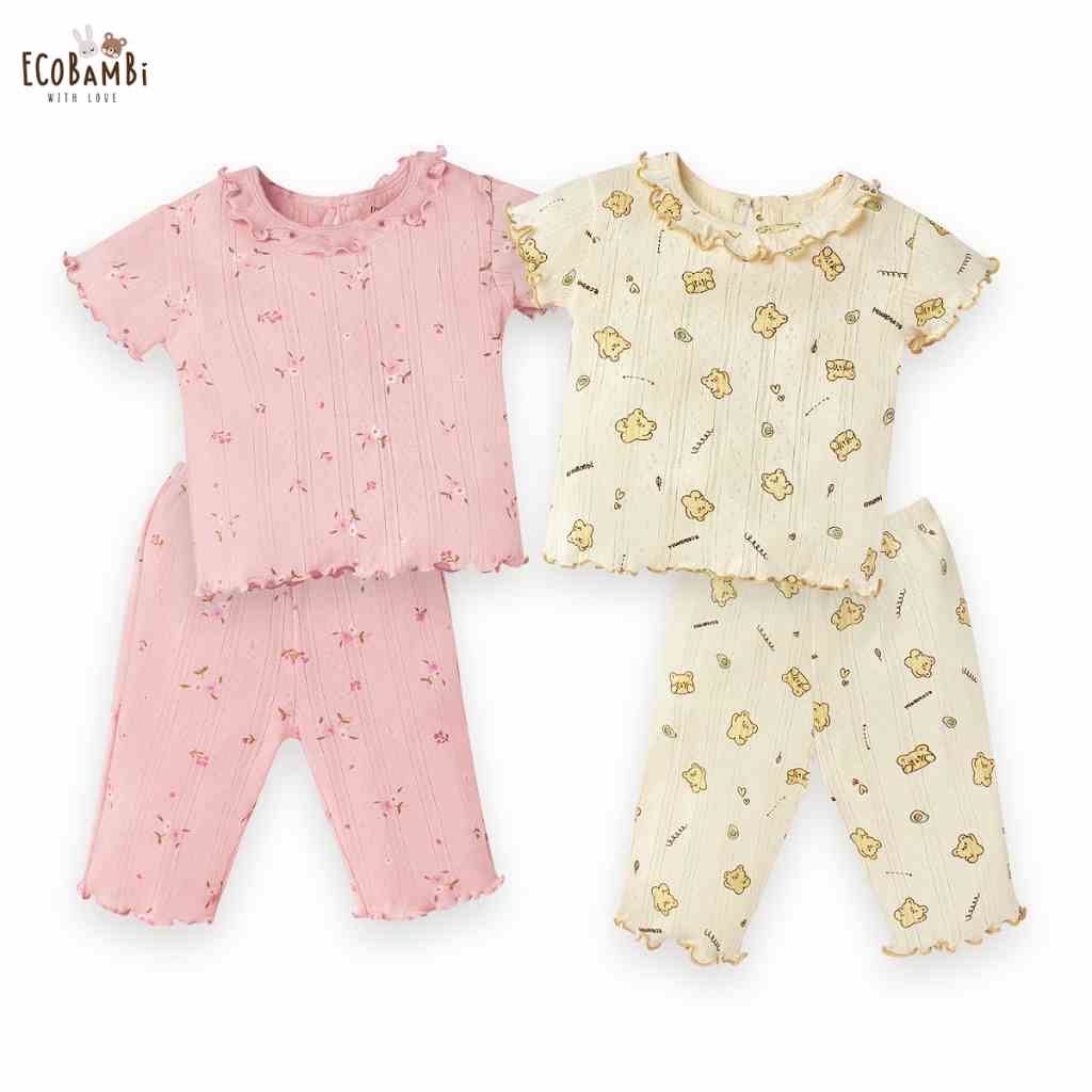 [Mã BMLTB35 giảm đến 35K đơn 99K] Bộ cotton thun Hàn bé gái tay ngắn, QUẦN LỬNG kiểu dệt jacquard hoa nhí Ecobambi