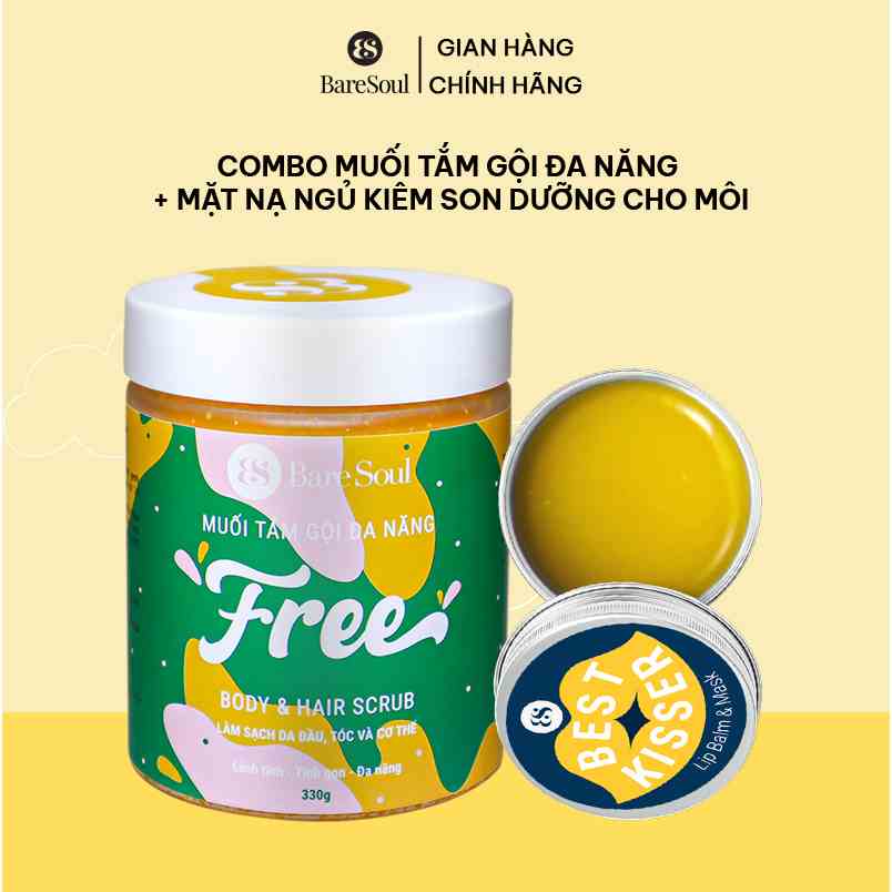 Combo Muối tắm BareSoul Free & Body Hair Scrub 330g + Mặt nạ ngủ cho môi kiêm son dưỡng Baresoul Lip Balm 10g