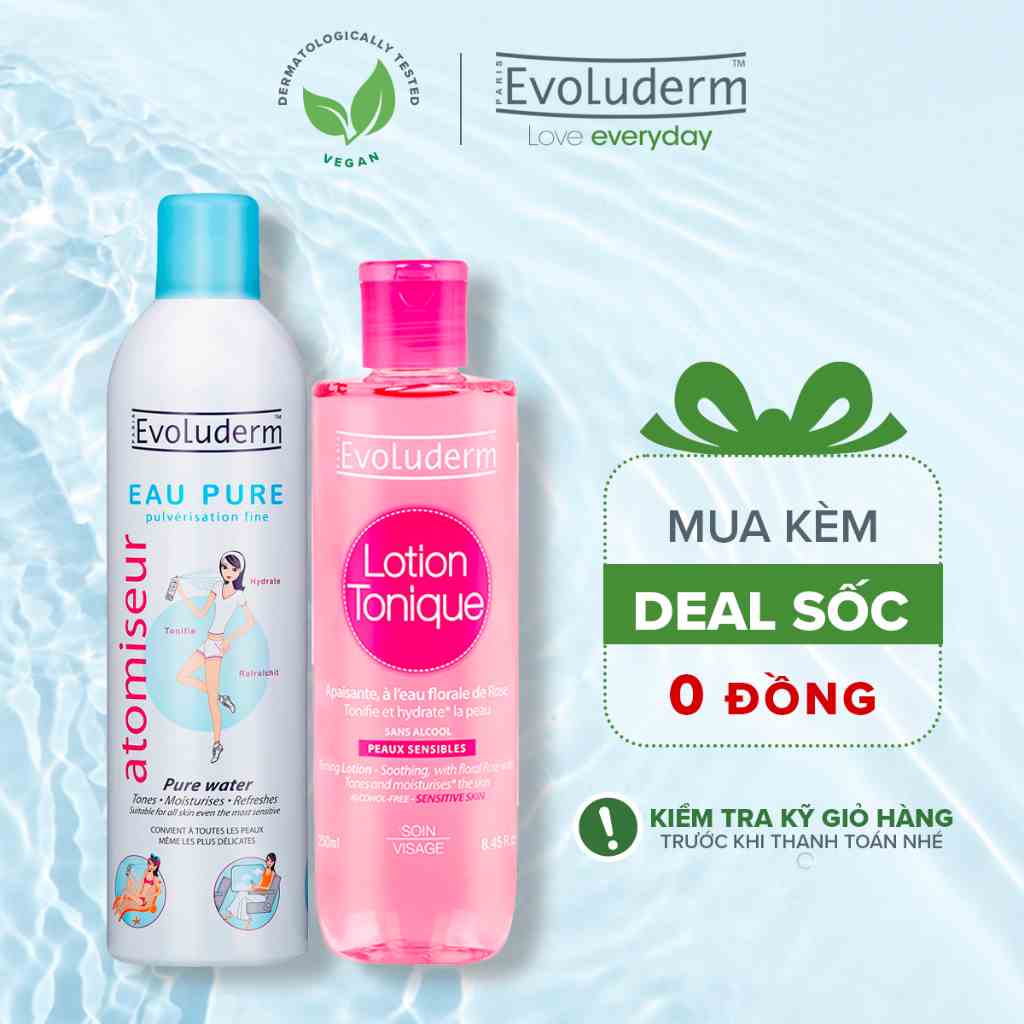 Bộ Xit khoáng Evoluderm Atomiseur Eau Pure 400ml và Nước hoa hồng Evoluderm cho da nhạy cảm 250ml