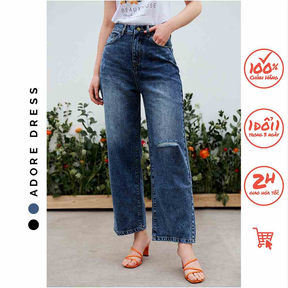 Quần jeans straight đen retro rách gối 2JE3001 ADORE DRESS