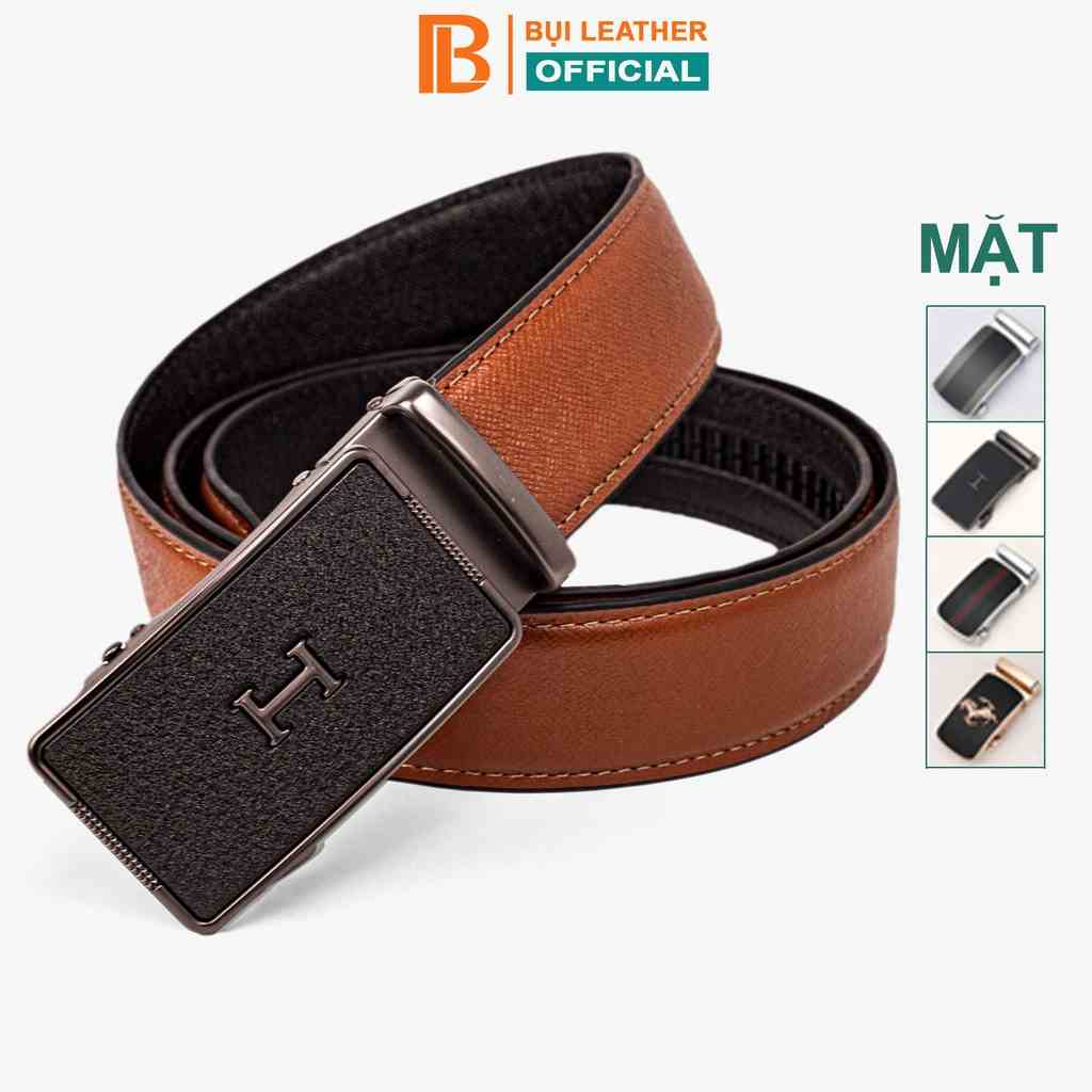 Thắt lưng nam da saffiano cao cấp Bụi leather - L107, 3 lớp màu nâu, mặt khóa tăng tự động thép không gỉ, BH 12 tháng