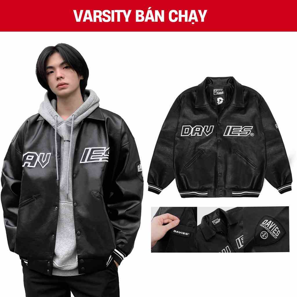 Áo khoác bomber bóng chày da thêu chữ Davies Leather Varsity Jacket màu đen| D20-AK6