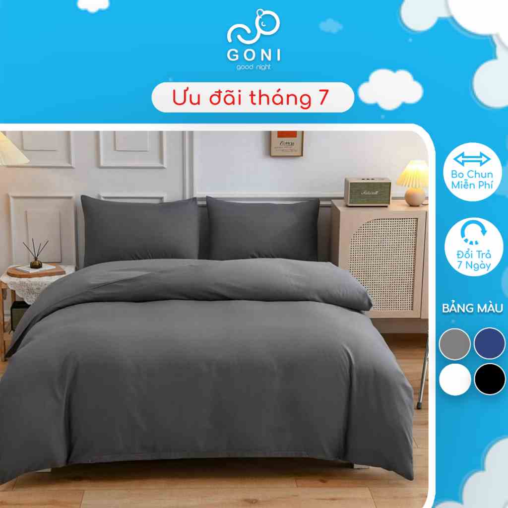 Bộ Chăn Ga Gối Cotton Tici GONI Drap Giường Màu Xám Trơn Đủ Kích Thước Trải Nệm Không Kèm Ruột