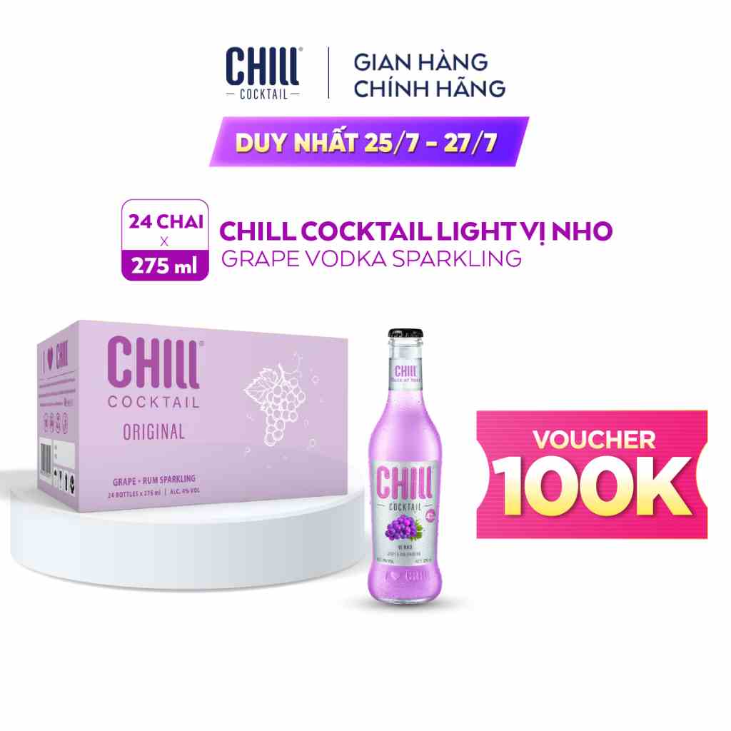 [Voucher 100K]Thùng 24 chai Chill Cocktail vị Nho 275ml/chai