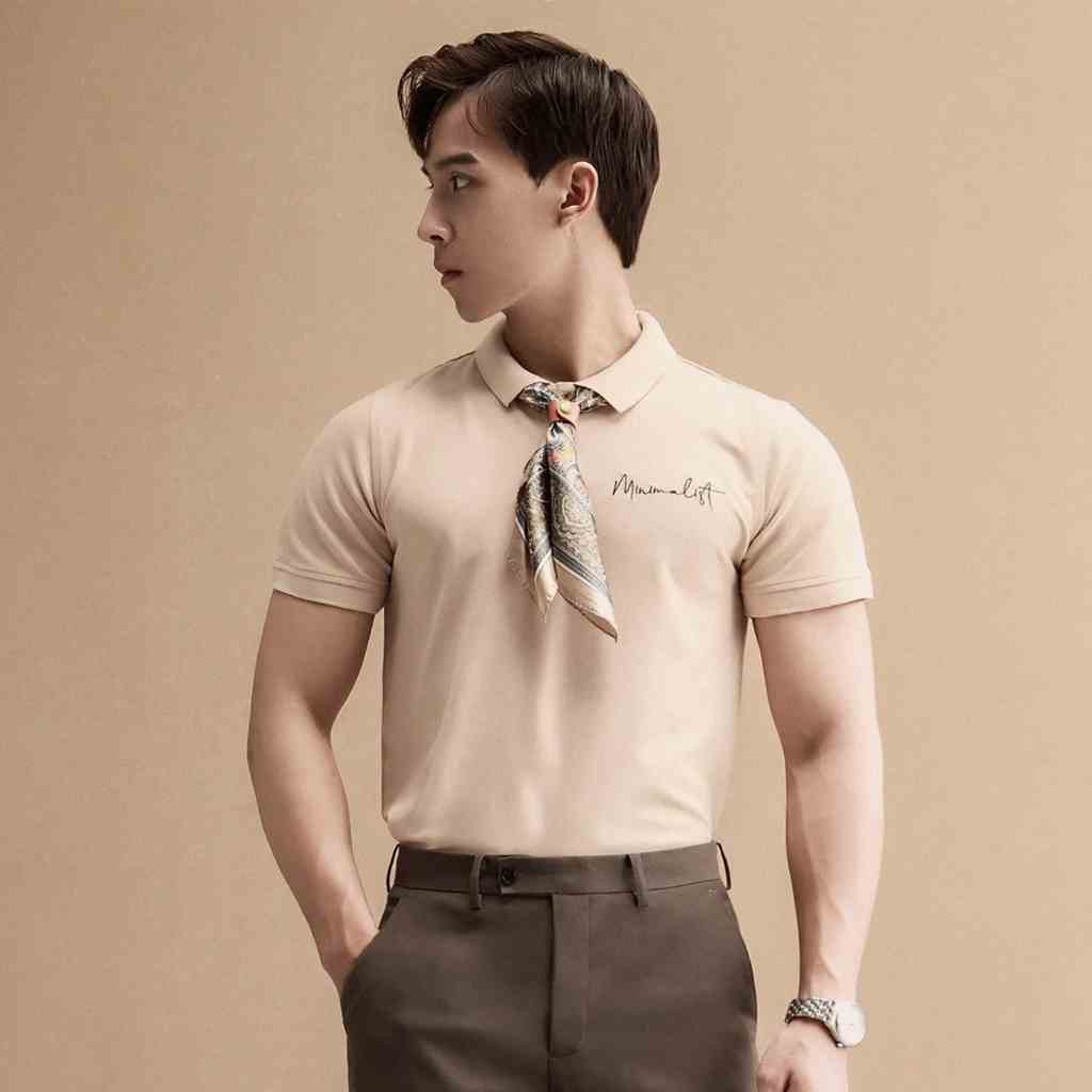 Áo Polo Nam Cộc Tay CEFFYLO Màu Camel Thêu Minimalist Ở Ngực Form Dáng Slim Thấm Hút Mồ Hôi Tốt