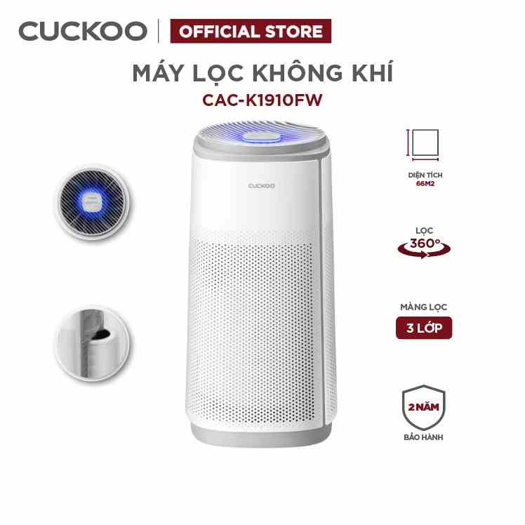 Máy lọc không khí Cuckoo 66m2 CAC-K1910FW - Lọc toàn diện 360 độ - Đèn LED hiển chất lượng không khí - Hàng chính hãng