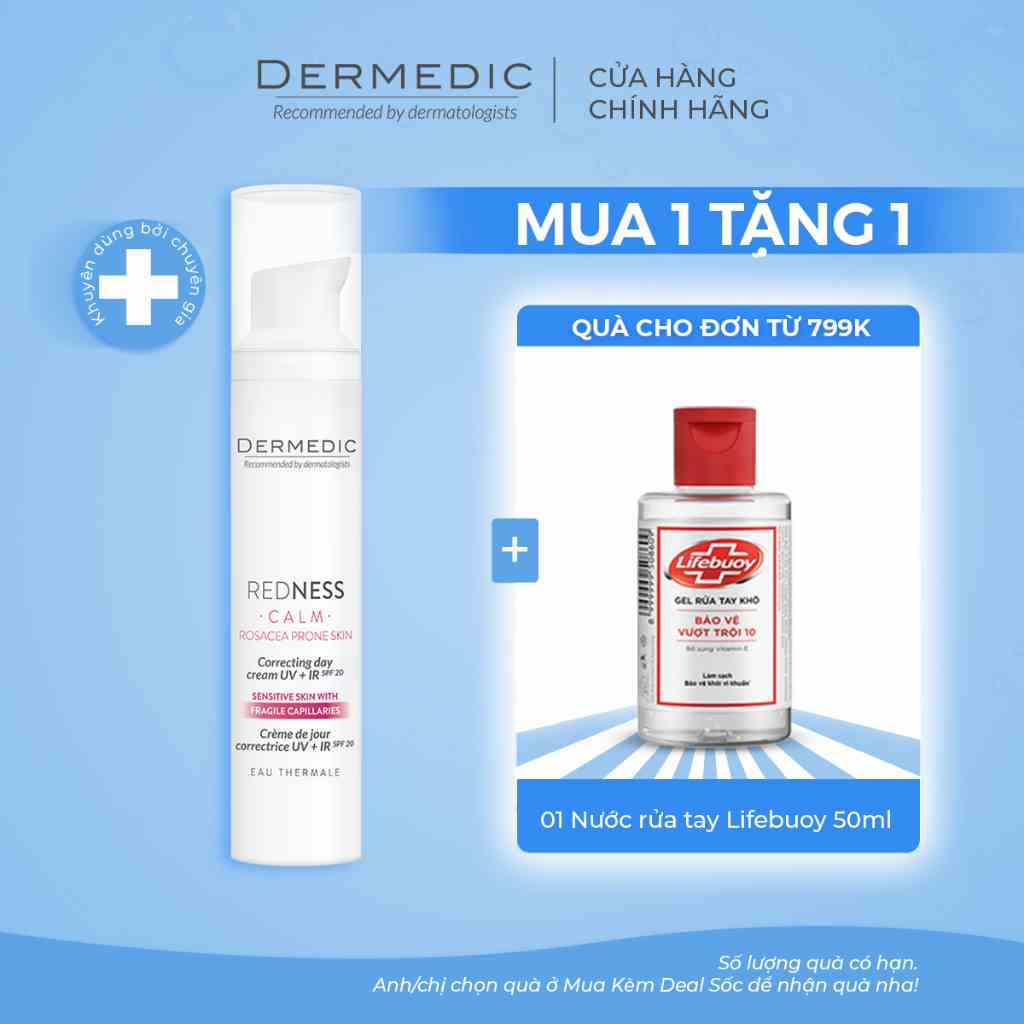 Kem ban ngày cho da giảm mao mạch, mẩn đỏ Dermedic Redness Rosacea Prone Skin Correcting Day Cream UV + IR SPF20 - 40ml