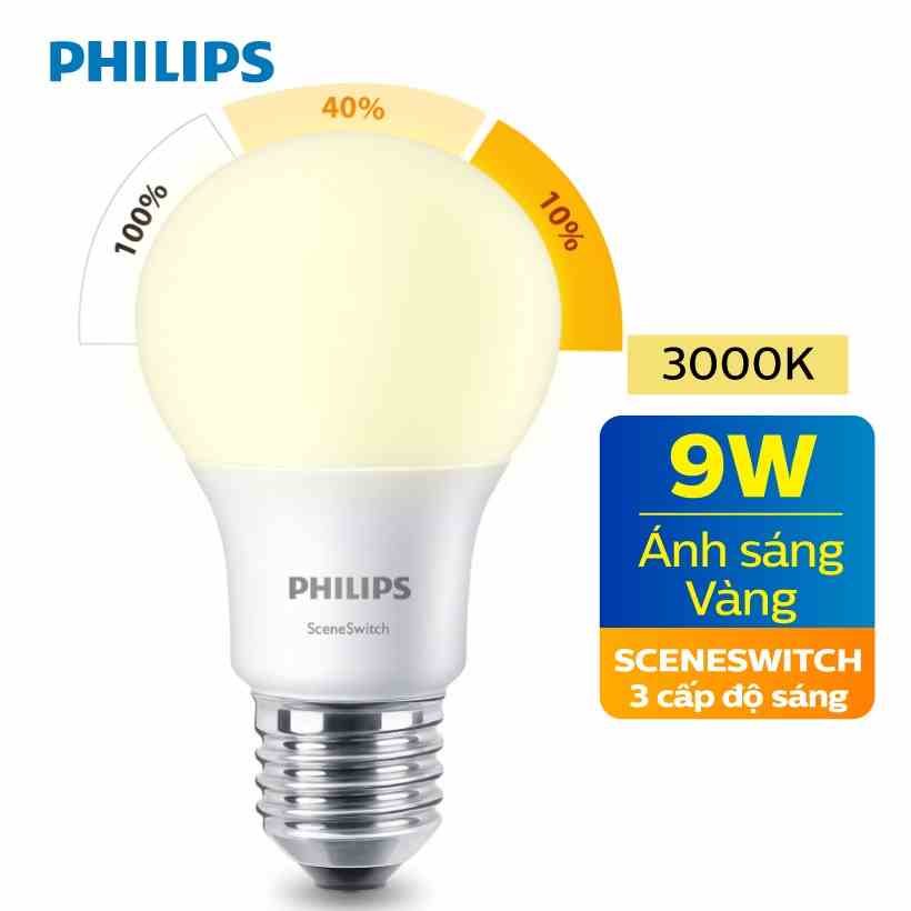 [Mã BMLTA35 giảm đến 35K đơn 99K] Bóng Đèn Philips LED Scene Switch 3 Cấp Độ Chiếu Sáng 9W 3000K E27 - Ánh Sáng Vàng