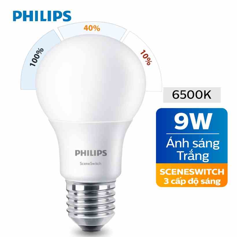 [Mã BMLTA35 giảm đến 35K đơn 99K] Bóng Đèn Philips LED Scene Switch 3 Cấp Độ Chiếu Sáng 9W 6500K E27 - Ánh Sáng Trắng