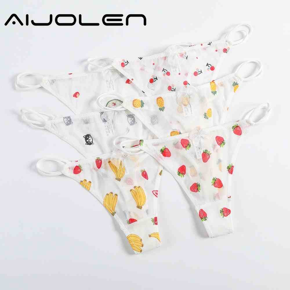 【Ready Stock】AIJOLEN Sexy Mesh Yarn Breathable Thong Panties Cute Fruit Pattern Womens G-string Briefs