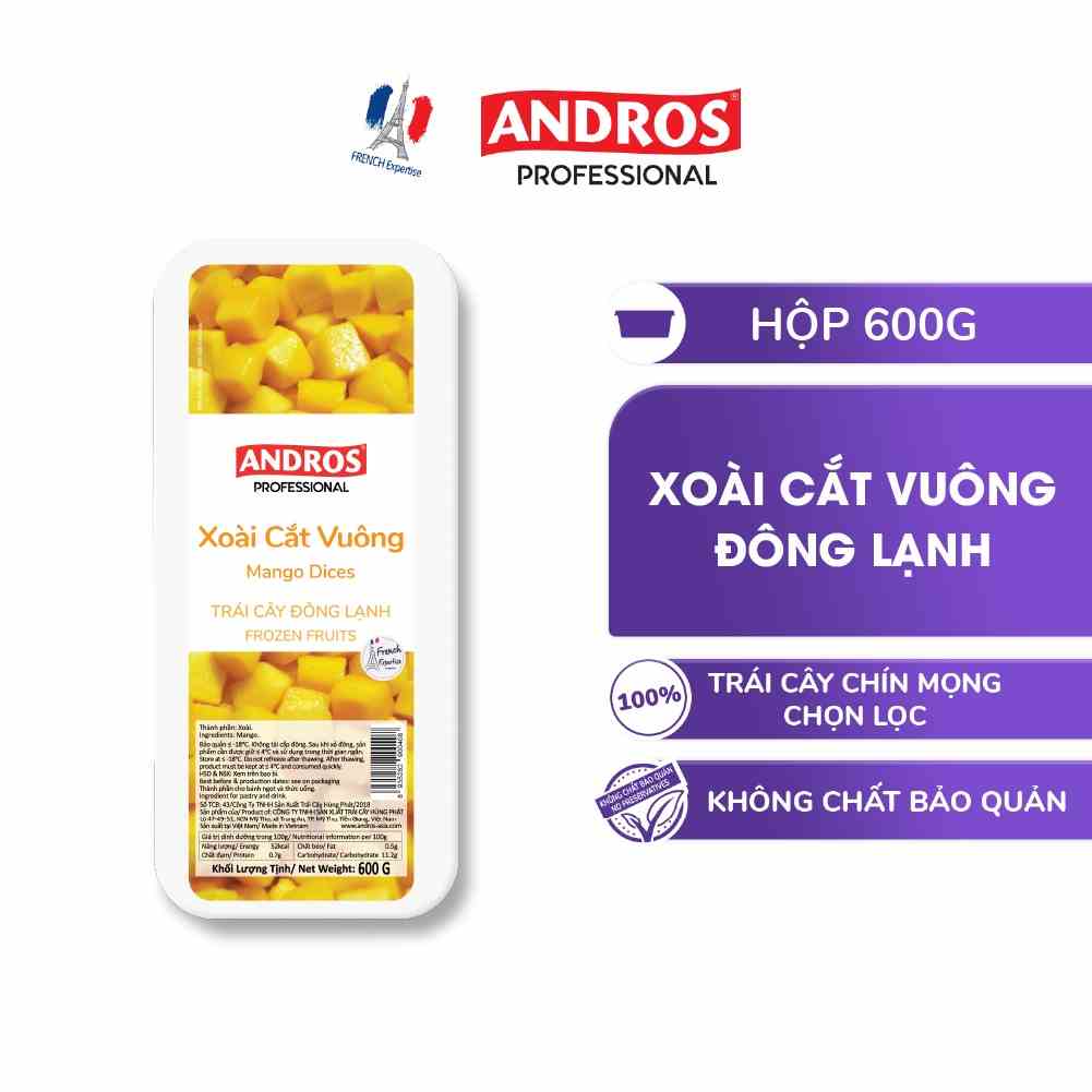 Xoài Cắt Vuông Đông Lạnh - Không chất bảo quản - Trái cây đông lạnh ANDROS IQF - 600g - [Chỉ giao HCM]