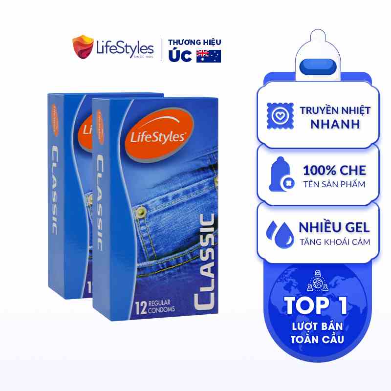 Combo 2 Bao Cao Su Ôm Sát Nhiều Gel LifeStyles Classic Thiết Kế Mỏng Chuẩn Size 100% Không Rách Bao - Hộp 12 bao