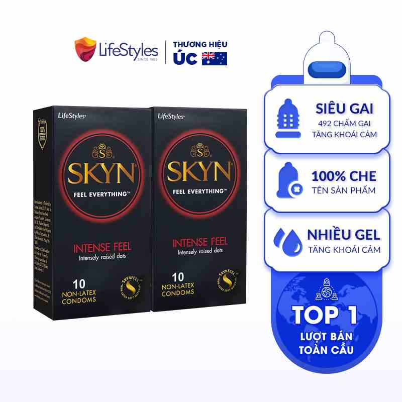 Bộ 2 Bao Cao Su Non-latex Siêu Gai Lượn Sóng LifeStyles SKYN Intense Feeling Không Mùi Cao Su Nhiều Gel - Hộp 10 cái