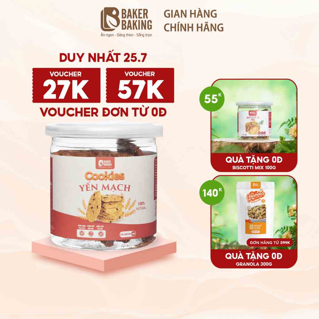 Bánh quy ăn kiêng Baker Baking cookies yến mạch không đường phù hợp cho cả mẹ bầu 100g